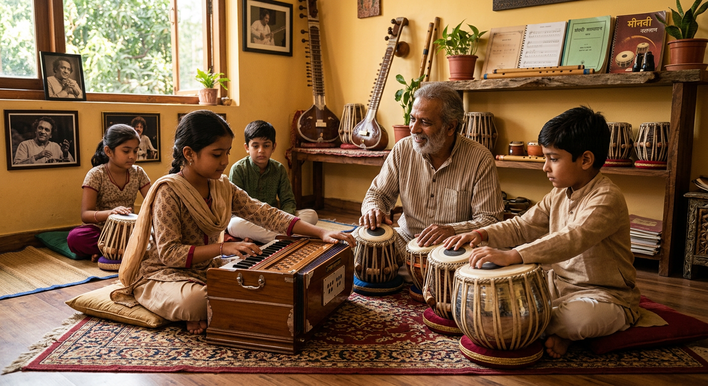 Children learning tabla and harmonium with their teacher