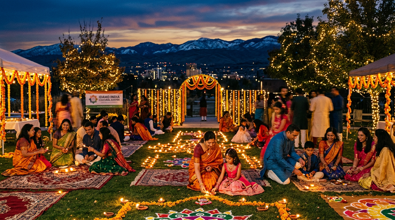 Families lighting diyas at a Diwali celebration with the Boise foothills at dusk