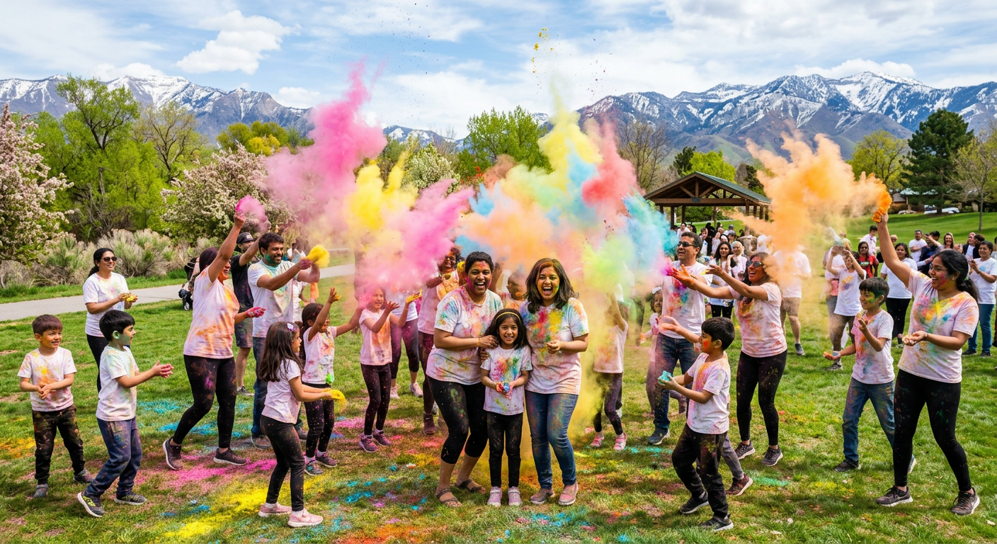 Families throwing colored powder at the Holi festival in a park
