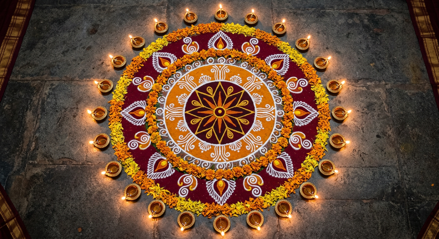 Traditional rangoli design surrounded by lit brass diyas